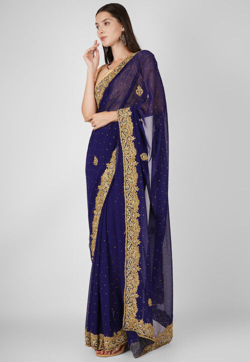 Hand Embroidered Georgette Saree in Navy Blue