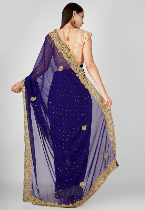 Hand Embroidered Georgette Saree in Navy Blue
