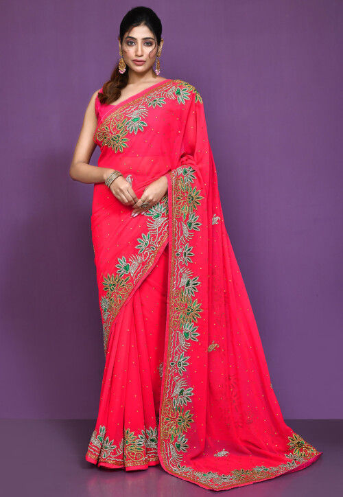 Hand Embroidered Georgette Saree in Fuchsia