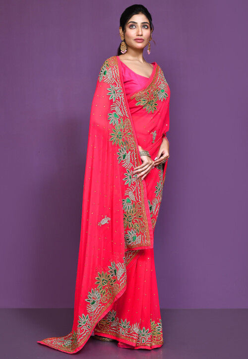 Hand Embroidered Georgette Saree in Fuchsia