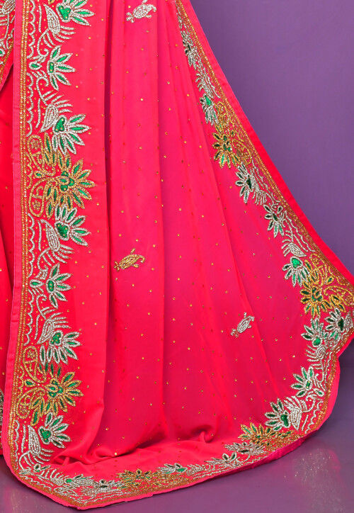 Hand Embroidered Georgette Saree in Fuchsia