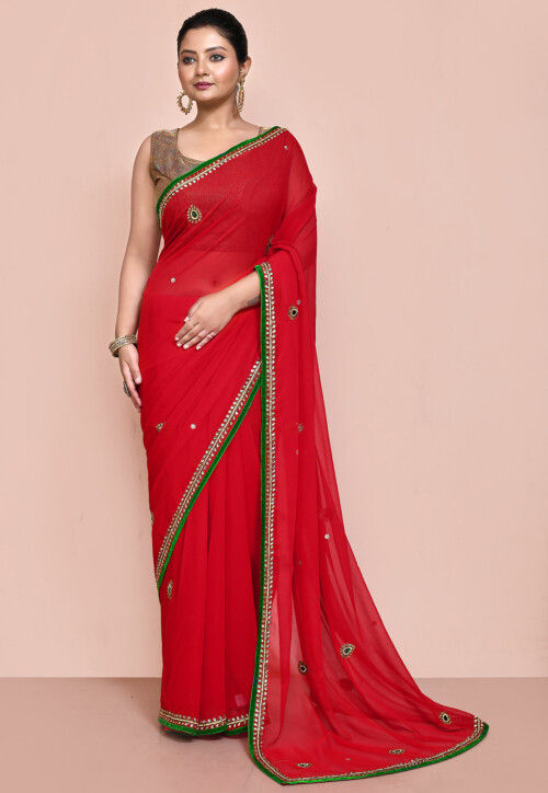 Hand Embroidered Georgette Saree in Red