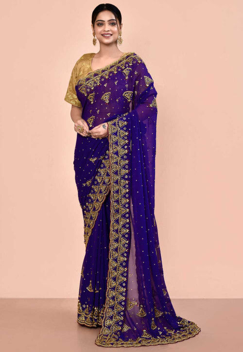 Hand Embroidered Georgette Saree in Royal Blue