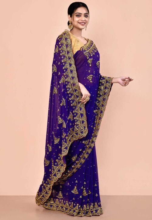 Hand Embroidered Georgette Saree in Royal Blue