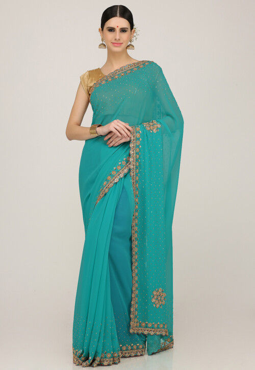 Hand Embroidered Georgette Saree in Turquoise