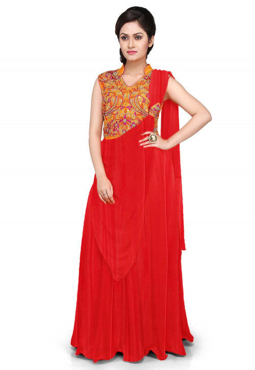 Embroidered Lycra(Elastane) and Net Saree Style Gown in Red : TXK43