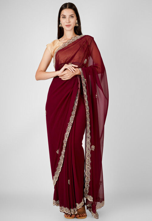 Hand Embroidered Georgette Scalloped Saree in Wine