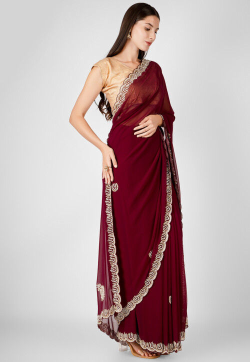 Hand Embroidered Georgette Scalloped Saree in Wine