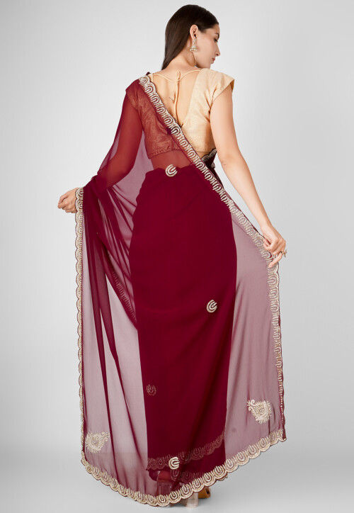 Hand Embroidered Georgette Scalloped Saree in Wine