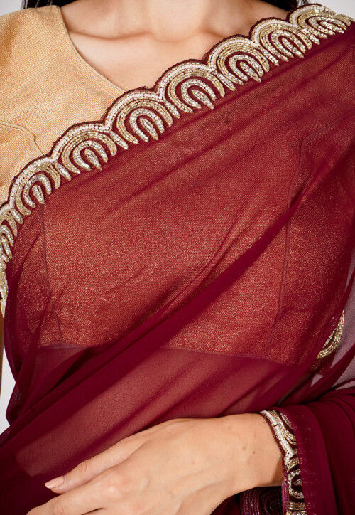 Hand Embroidered Georgette Scalloped Saree in Wine