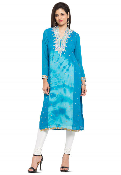 Hand Embroidered Georgette Straight Kurta in Sky Blue