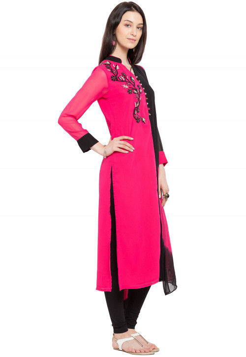 Pink Embroidered Georgette Straight Suit Set With Trousers