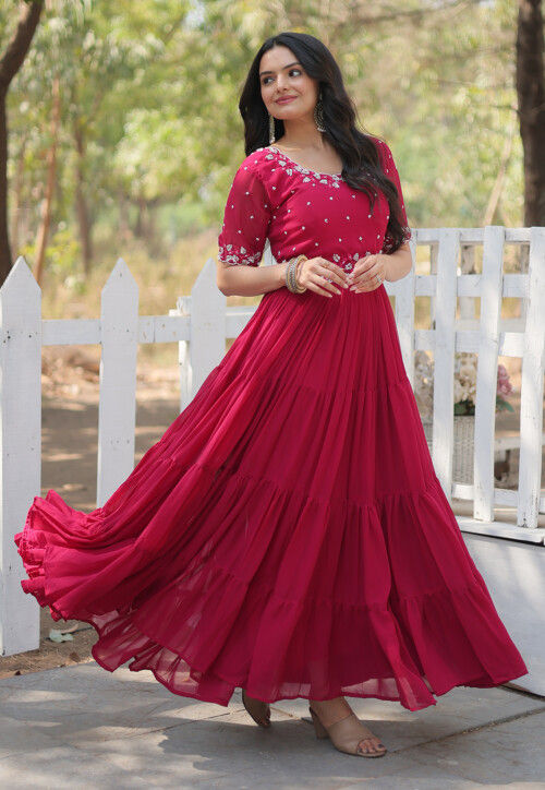 Buy Hand Embroidered Georgette Tiered Gown in Pink Online TPA4009 Utsav Fashion