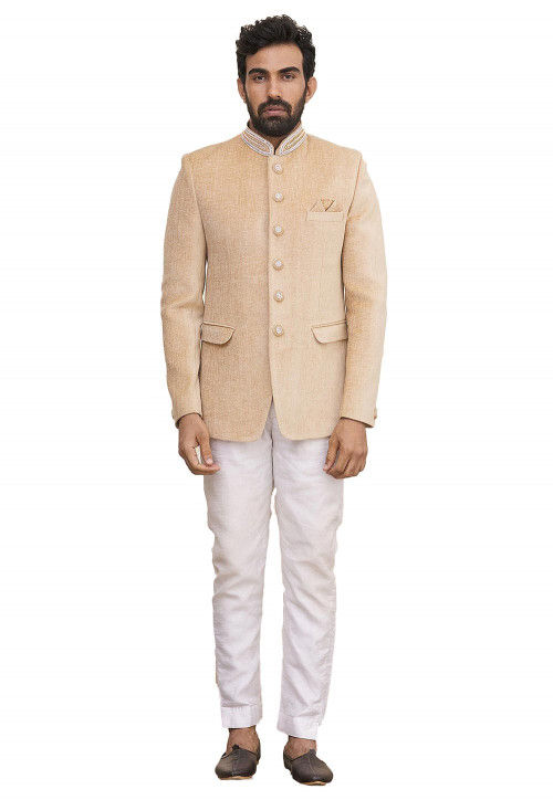 Jacquard Golden Color Wedding Wear Readymade Designer Men Jodhpuri Suit