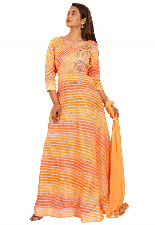 Hand Embroidered Kota Silk Abaya Style Suit in Orange