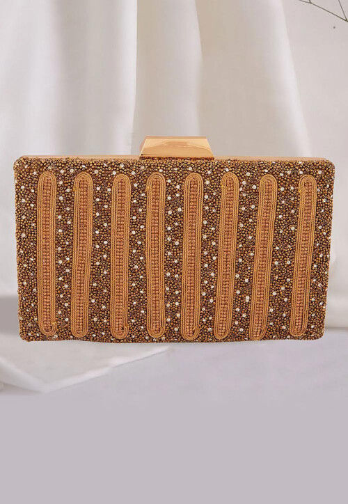 Hand Embroidered Metal Rectangular Clutch Bag in Golden