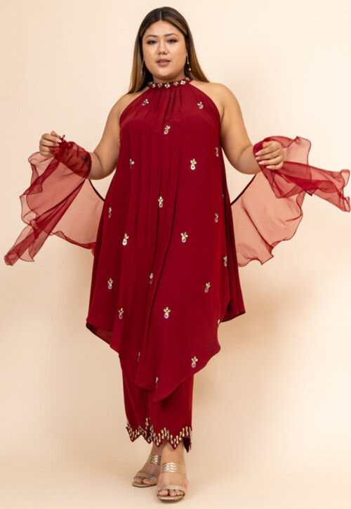 Hand Embroidered Pure Crepe Pakistani Suit in Maroon