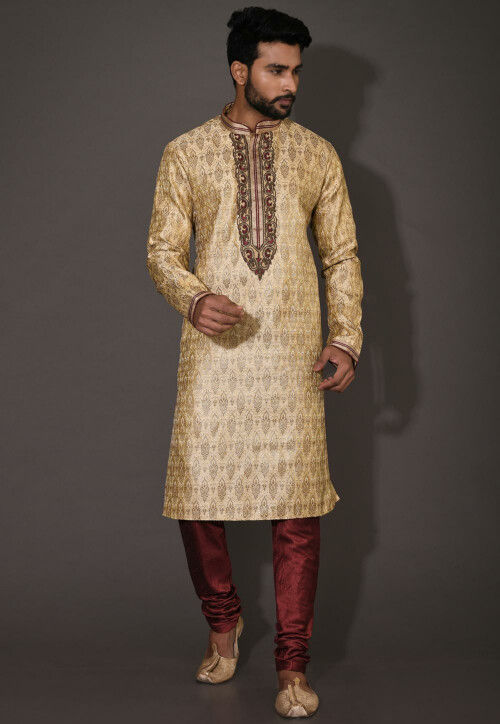 Hand Embroidered Neckline Art Silk Jacquard Kurta in Beige