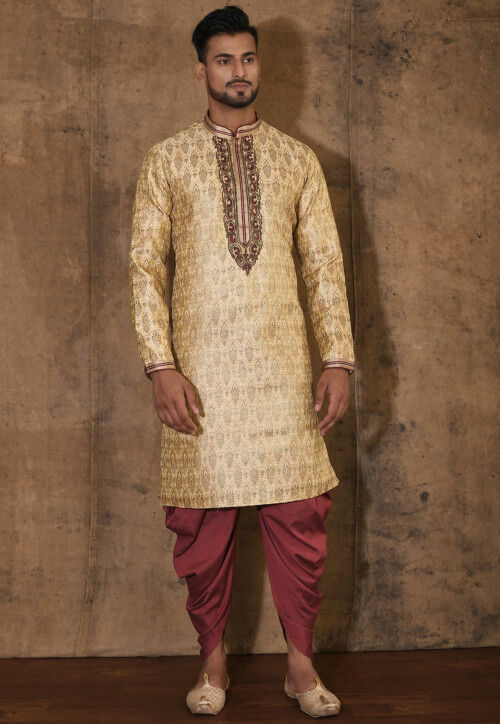 Hand Embroidered Neckline Art Silk Jacquard Kurta Set in Beige