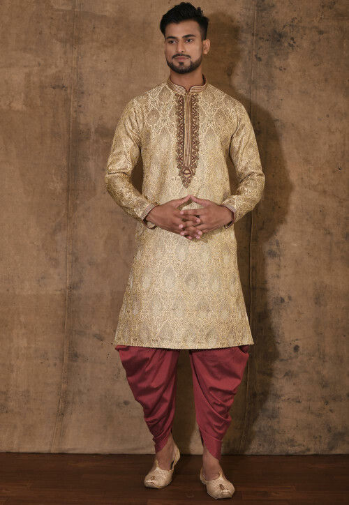 Hand Embroidered Neckline Art Silk Jacquard Kurta Set in Beige