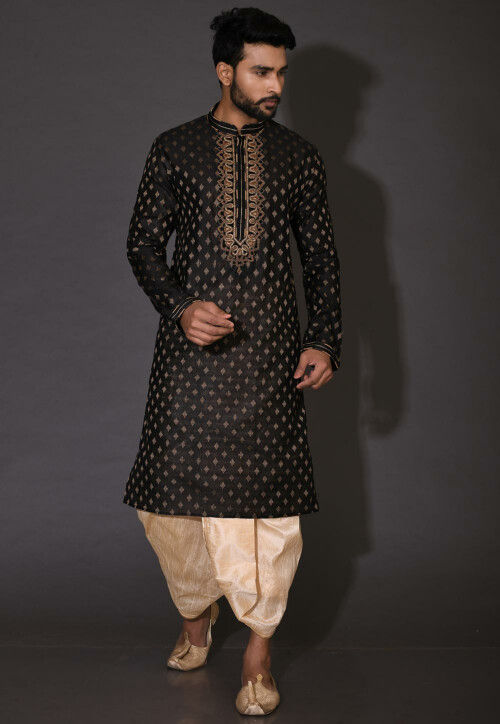 Hand Embroidered Neckline Cotton Silk Dhoti Kurta in Black
