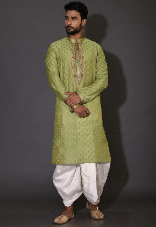 Hand Embroidered Neckline Cotton Silk Dhoti Kurta in Green
