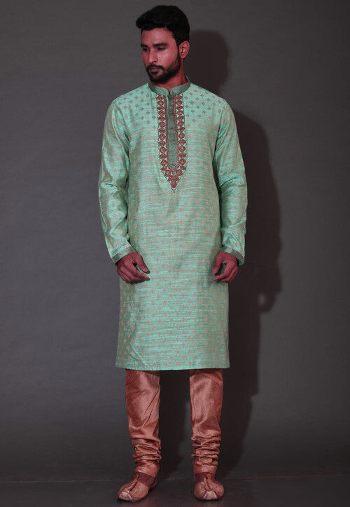 Hand Embroidered Neckline Cotton Silk Kurta in Turquoise
