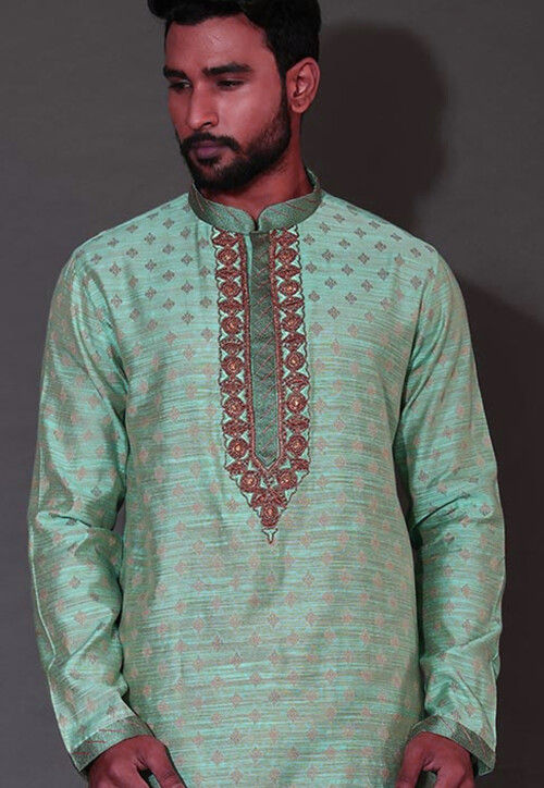 Buy Hand Embroidered Neckline Cotton Silk Kurta in Turquoise Online ...