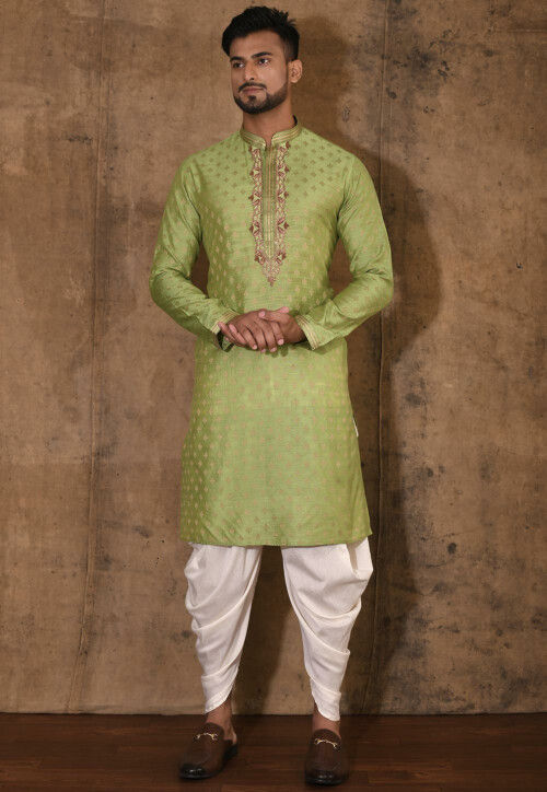 Hand Embroidered Neckline Cotton Silk Kurta Set in Green