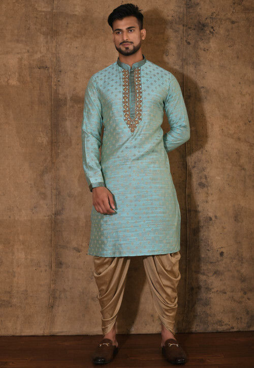Hand Embroidered Neckline Cotton Silk Kurta Set in Turquoise