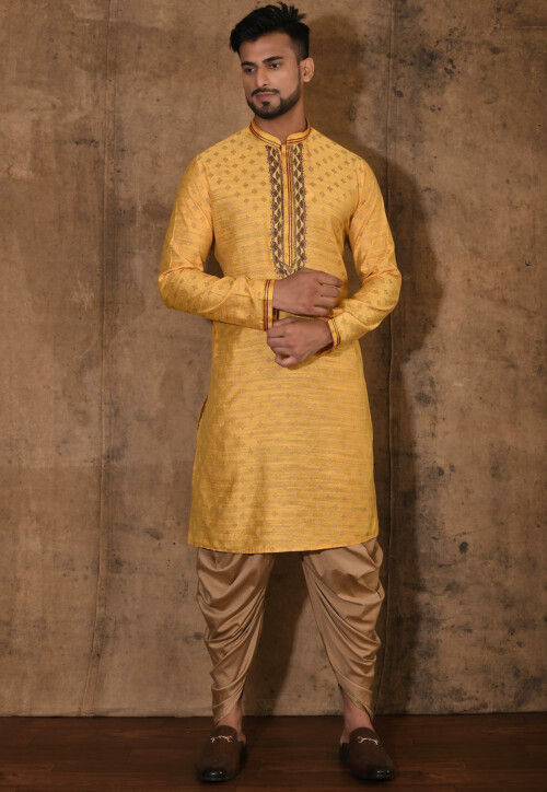 Hand Embroidered Neckline Cotton Silk Kurta Set in Yellow
