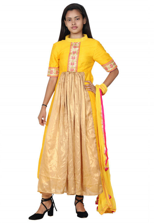 Hand Embroidered Neckline Georgette A Line Suit in Yellow and Golden