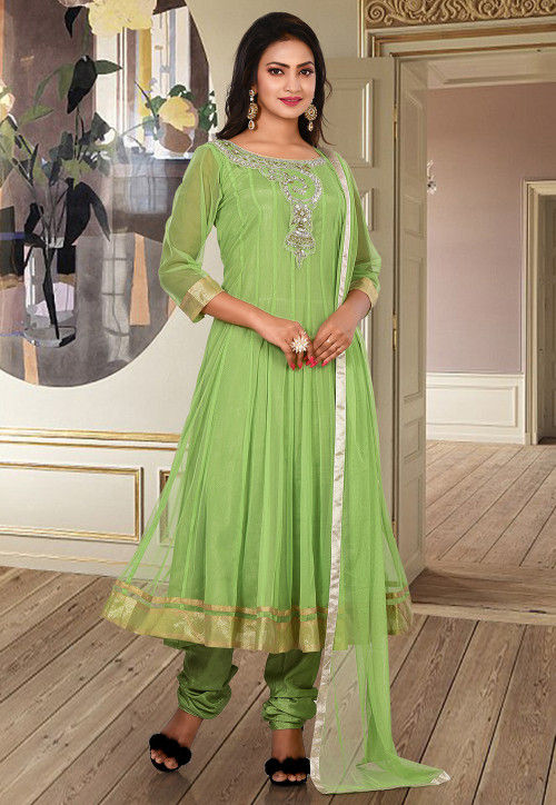 Hand Embroidered Net Anarkali Suit in Light Green