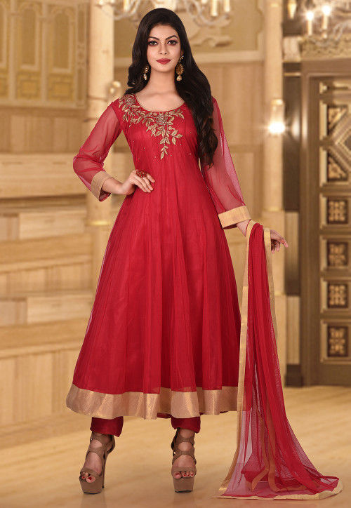 Hand Embroidered Net Anarkali Suit in Red