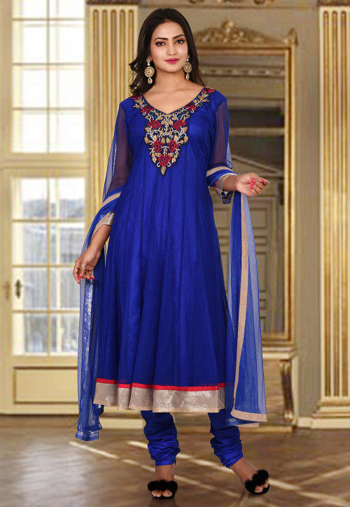 Hand Embroidered Net Anarkali Suit in Royal Blue