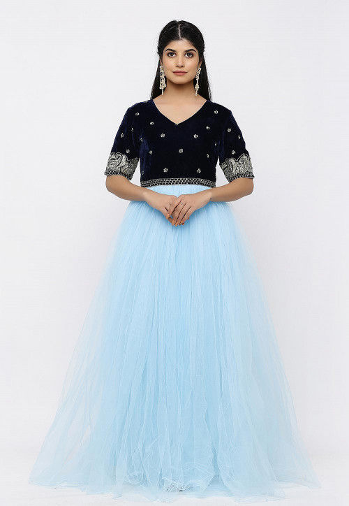 Butterfly net Fabrics Party Wear Readymade Gown In Blue Color With  Embroidery Work - Plus Size Gown - Plus Size Product