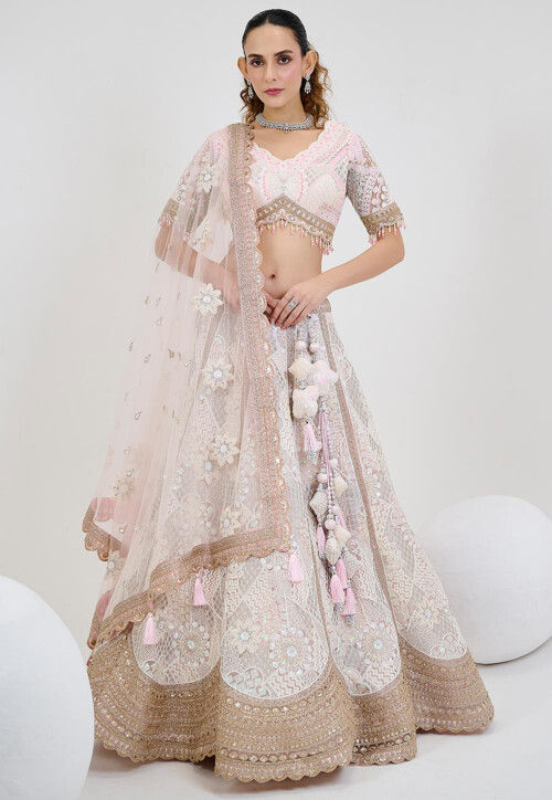 Hand Embroidered Net Lehenga in Off White