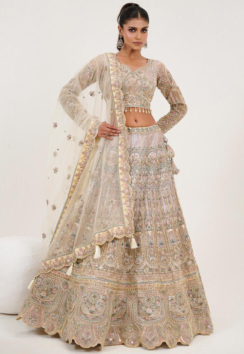 Hand Embroidered Net Lehenga in Off White