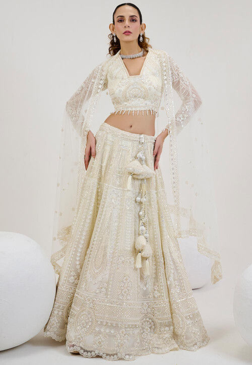 Hand Embroidered Net Lehenga in Off White