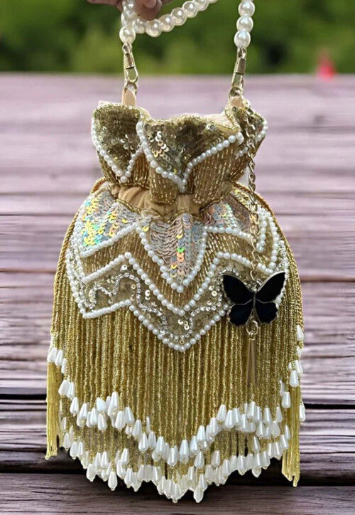 Hand Embroidered Net Potli in Golden