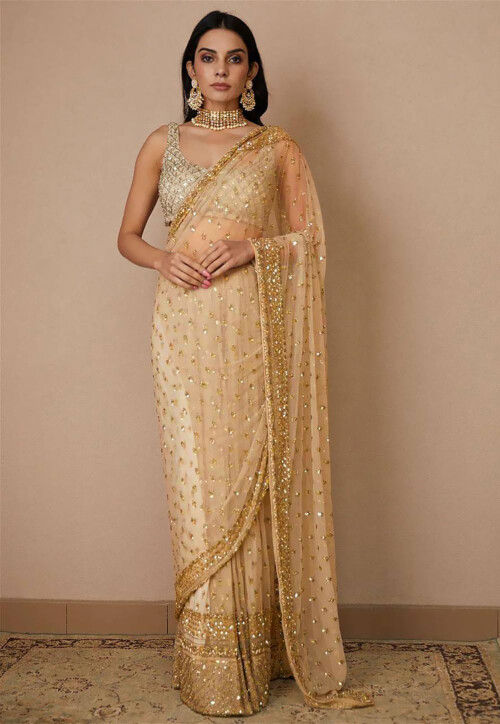 Hand Embroidered Net Saree in Dark Beige