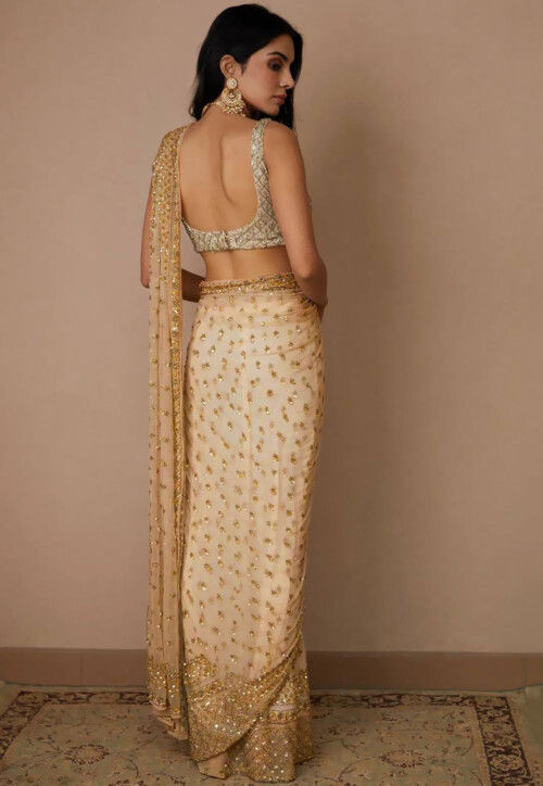 Hand Embroidered Net Saree in Dark Beige