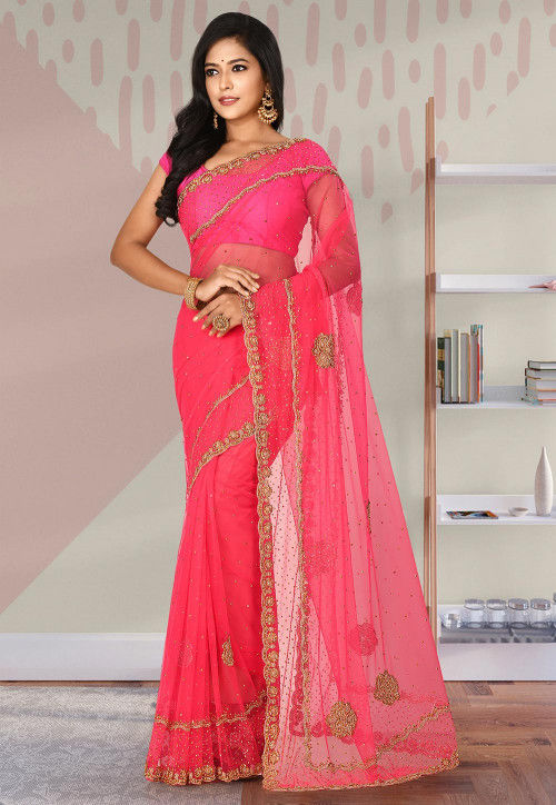 Woven Zari Satin Silk Hot Pink Saree SARV147179