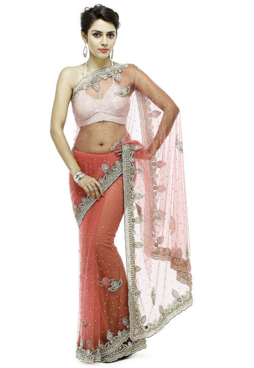 Hand Embroidered Net Saree in Pink