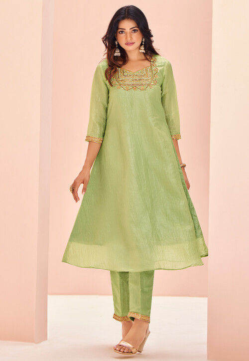 Hand Embroidered Organza A Line Kurta Set in Light Green