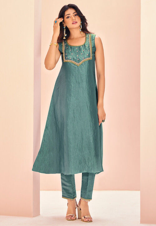 Hand Embroidered Organza A Line Kurta Set in Sea Green