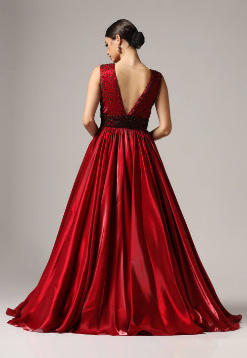 Hand Embroidered Organza Gown in Red