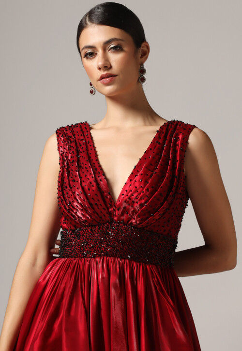 Hand Embroidered Organza Gown in Red