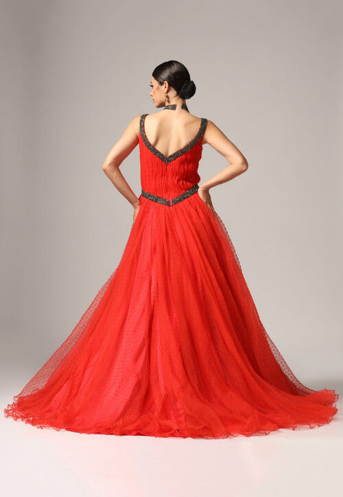 Hand Embroidered Organza Jacquard Gown in Red