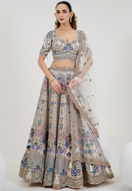 Hand Embroidered Organza Lehenga in Off White